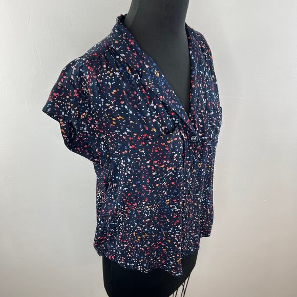 Anthropologie MAEVE Navy Confetti Print Cap Sleeve V-Neck Button-Down Size S - Picture 4 of 9